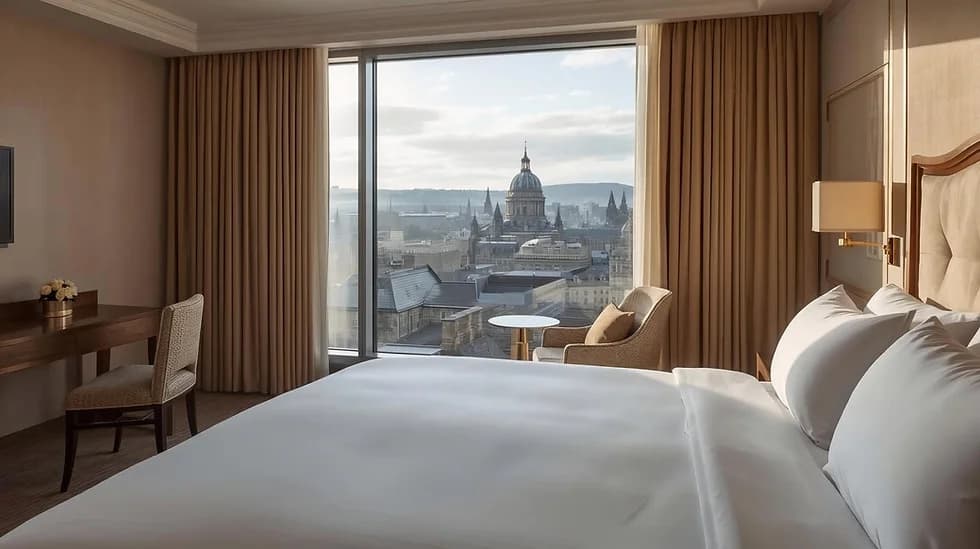 Luxury hotel bedroom with premium white linen